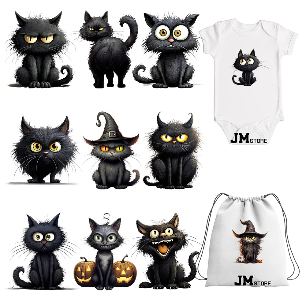 15cm 5.9in Kid Halloween Black Cat Iron On Heat Transfer Sticker For Clothes DTF Printed Vinyl Thermal Appliques Washable Decal