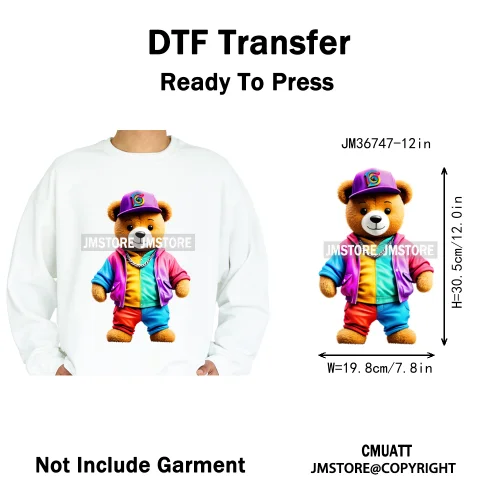 12in Cool Retro Urban Streetwear Graffiti Hip Hop Teddy Bear Iron On DTF Washable Transfers Stickers Ready to Press For Clothing