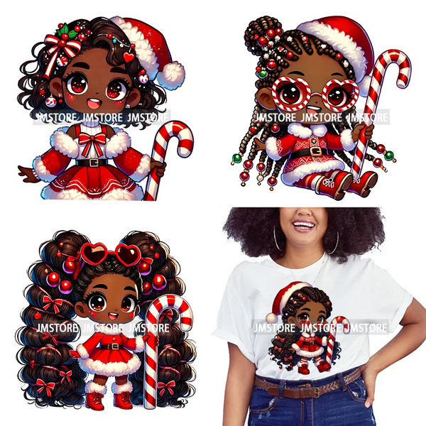 Sweet Santa African American Girly Christmas Character Holiday Vibes Xmas Iron On DTF Transfers Stickers Ready To Press T-shirts