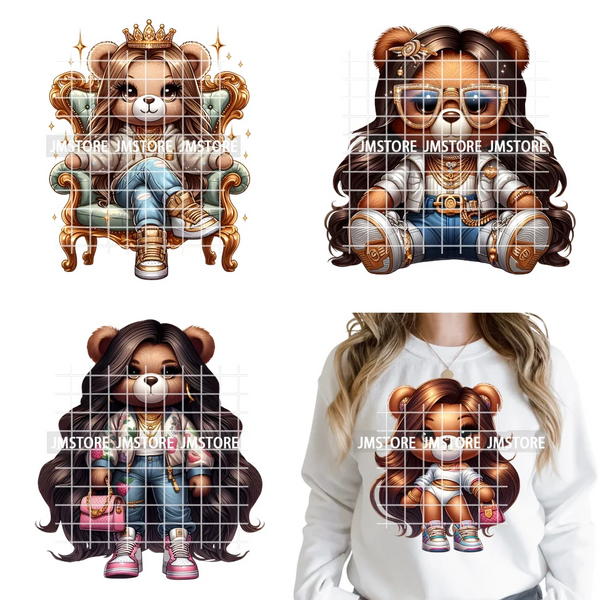 12in Girls Female Teddy Bear Duck Urban Sneakers Animal Washable Iron on DTF Transfers Stickers Ready to Press for T-shirts Bags