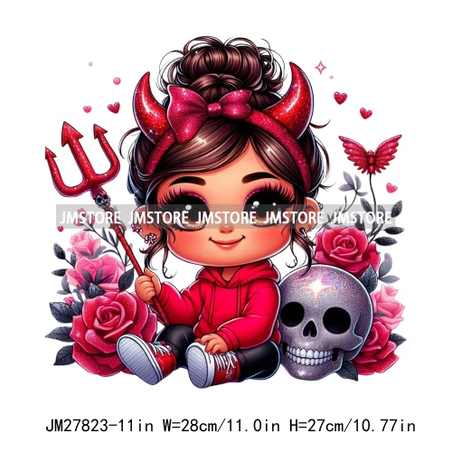 Chibi Cute Halloween Devil Latina Baby Hispanic Girls Skull Red Rose DTF Iron On Transfer Stickers Ready To Press For Sweatshirt