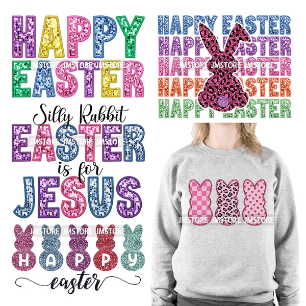 Colorful Faux Sequin Glitter Happy Easter Bunny University Letters Iron On DTF Transfers Stickers Ready To Press For Hoodies