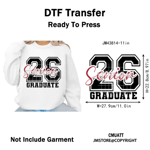 2026 Varsity Graduate Season College Senior Year Bow Iron on Washable DTF Heat Transfers Stickers Ready to Press for Sweatshirts