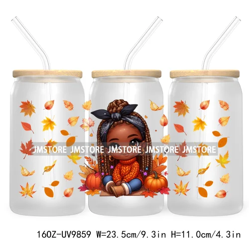 Afro African Girl 16OZ UV Cup Wrap DTF Transfer Stickers For Libbey Glass Can Cups Tumbler Fall Season Autumn Waterproof Labels