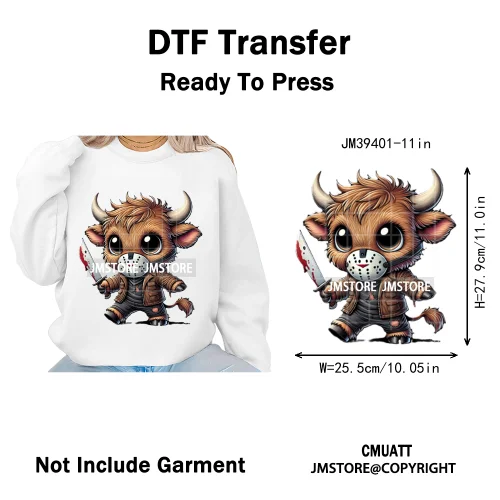 Horror Spooky Cartoon Baby Highland Cow Halloween Vibes Animal Iron on DTF Washable Transfers Sticker Ready to Press for Hoodies