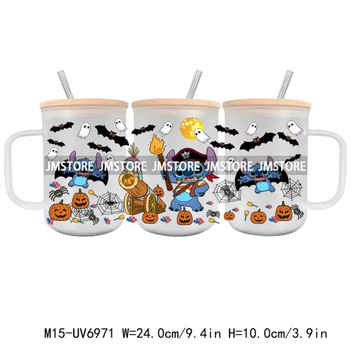 Horror Halloween Cartoon Scary Movie UV DTF Glass Can Wrap For 15OZ Mug Coffee Cup Transfer Sticker DIY Custom Logo Labels Skull