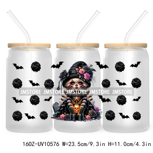 Gothic Girl Gnomes Halloween 16OZ UV Cup Wrap DTF Transfer Stickers For Libbey Glass Can Cups Tumbler Labels Spooky Bats Witch