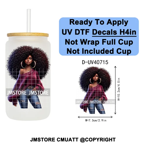 Big Hair Fashionable Black Girl UV DTF Decals Ready To Apply Waterproof Transfer Stickers DIY Crafts For 16OZ Libbey Glass Can