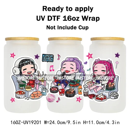 Demon Hunters Inspired Kpop Girls Bands UV DTF Transfer Sticker Durable Cup Tumbler Wrap For 16OZ Libbey Glass Wraps Bottle Mug