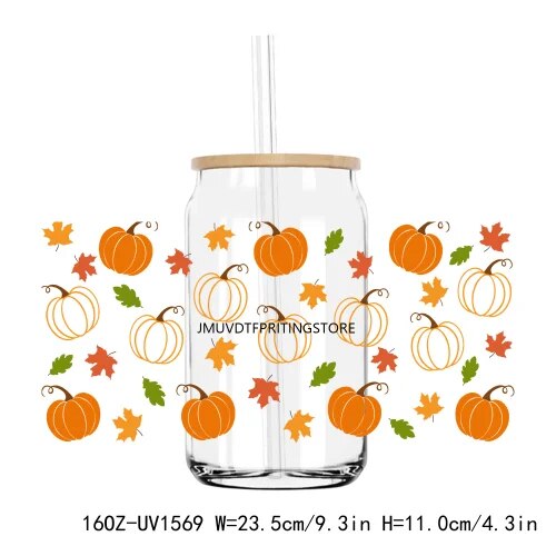 Fall Autumn Pumpkin Flower 16OZ UV DTF Cup Wrap Transfer Stickers Custom Labels DIY Durable Waterproof Logo For Libbey Glass Can