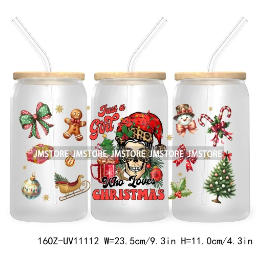 Just A Girl Who Loves Christmas UV DTF Cup Wrap For Libbey Glass Can Transfer Stickers Waterproof Custom Labels Tis The Season