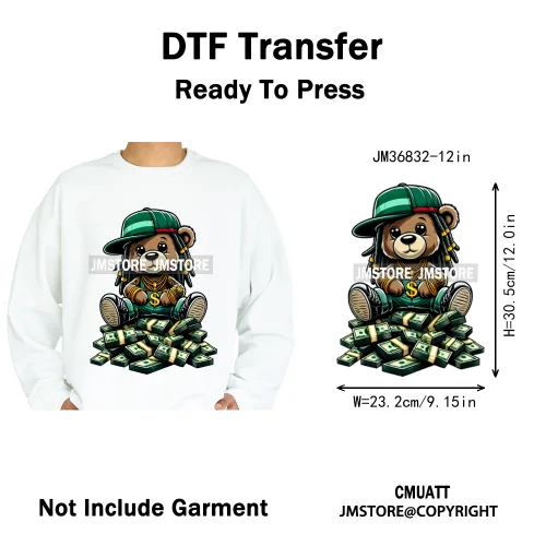 12in Hip Hop Vibes Urban Style Rich Bear With Gold Chains King Animal Iron on DTF Transfers Stickers Ready to Press for Textile