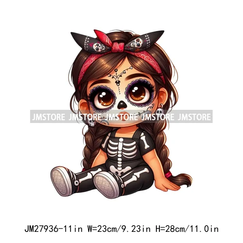 Halloween Skeleton Latina Baby Chibi Hispanic Girls Spooky Season DTF Iron On Transfers Stickers Ready To Press For Clothing