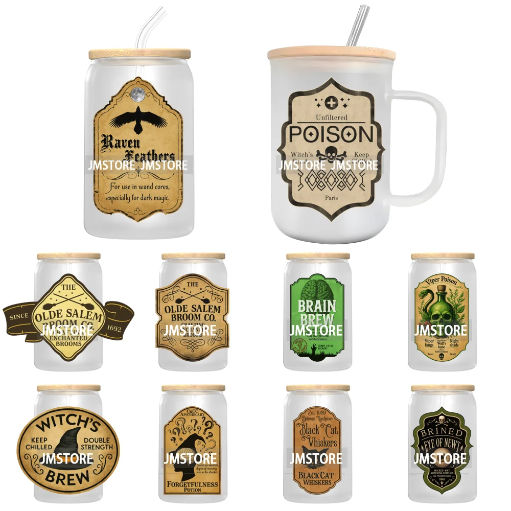 Spooky Halloween Witch Brew Bottle Label Set UV DTF Transfer Stickers Decals Ready To Apply Waterproof For 16OZ Libbey Glass Can