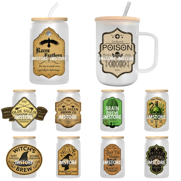 Spooky Halloween Witch Brew Bottle Label Set UV DTF Transfer Stickers Decals Ready To Apply Waterproof For 16OZ Libbey Glass Can