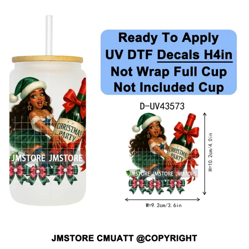 Fashion Black Girl Christmas Party UV DTF Cup Decals Ready To Apply Transfer Stickers Durable Custom Prints For Libbey Glass Can