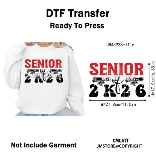 College Mega Senior 2K26 Coquette Class of 2026 Iron on Washable DTF Heat Transfers Stickers Ready to Press for Textiles Bags