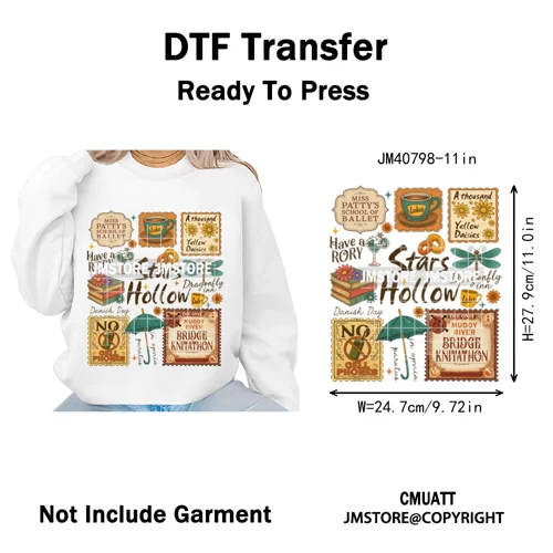 Autumn Festival Fall Season Stars Movie Girls Town Book Lover Iron on Washable DTF Transfers Stickers Ready to Press for Hoodies