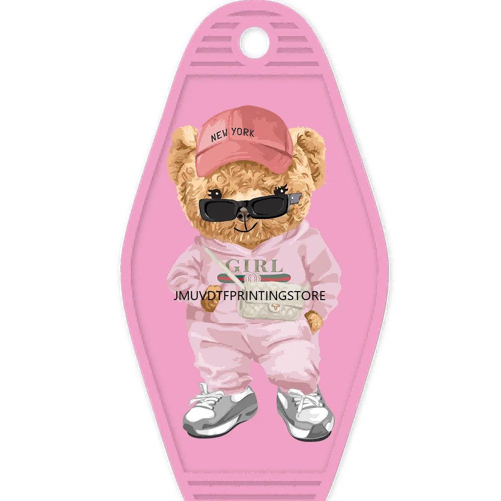 Cute Pink Teddy Bear Girl High Quality WaterProof UV DTF Sticker For Motel Hotel Keychain Brown Bears Baseball