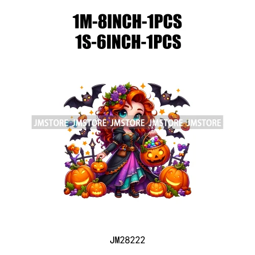 Washable Chibi Spooky Princess Pumpkin Halloween Trick Or Treat Witch Iron On DTF Transfers Stickers Ready To Press For Hoodies