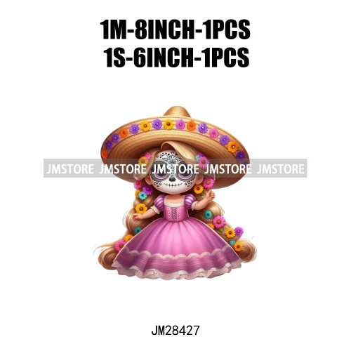 Colorful Day Of The Dead Catrina Princess Baby Girl Sombrero Hat Mexico Conchas Iron On DTF Heat Transfers Stickers For Clothing