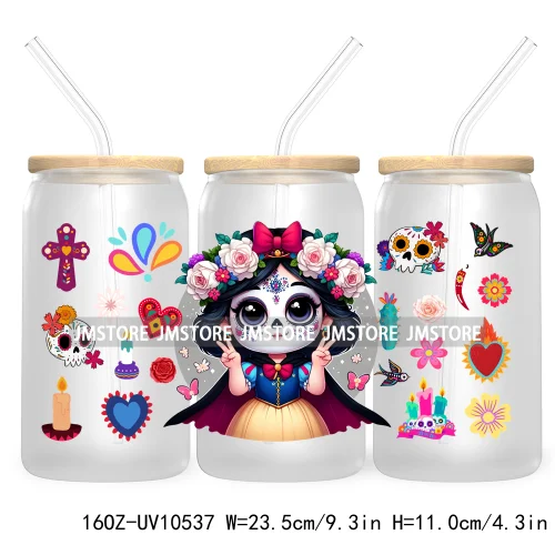 Dia De Los Muertos Mexican UV DTF Sticker For 16OZ Libbey Glass Cup Can Wrap Transfer Stickers Hispanic Halloween Sugar Skulls