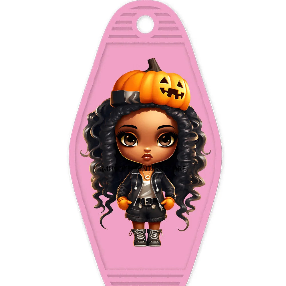 Halloween Pumpkin Cute Afro Girls High Quality WaterProof UV DTF Sticker For Motel Hotel Keychain Festival Gifts