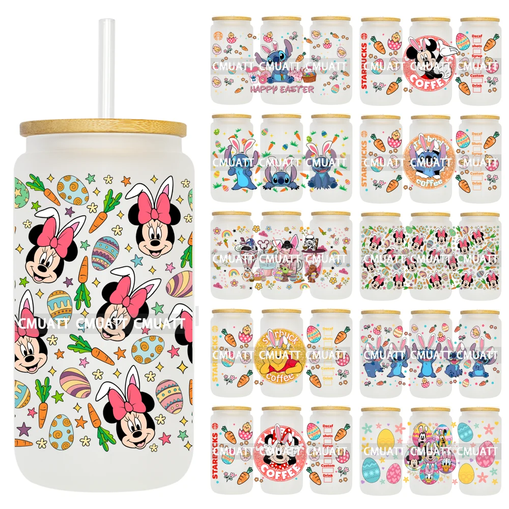 Spring Easter Stickers Cartoon Bunny Characters Eggs Kids 16OZ UV DTF Cup Wrap DIY Durable Label For Libbey Glass Can Mugs