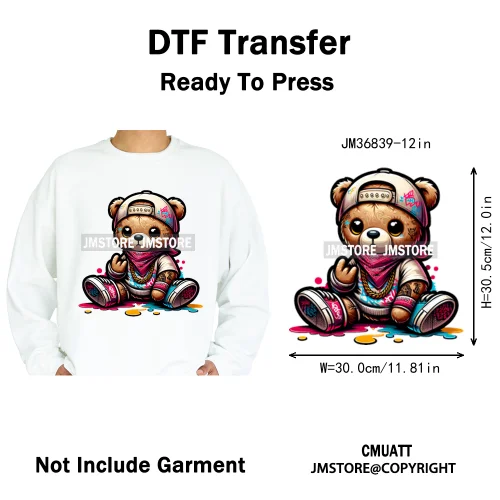 12in Hip Hop Vibes Urban Style Rich Bear With Gold Chains King Animal Iron on DTF Transfers Stickers Ready to Press for Textile