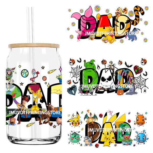 Cartoon Characters Dad Father's Day 16OZ UV DTF Cup Wrap Transfers Stickers Custom Durable Waterproof Logo For Libbey Glass Can