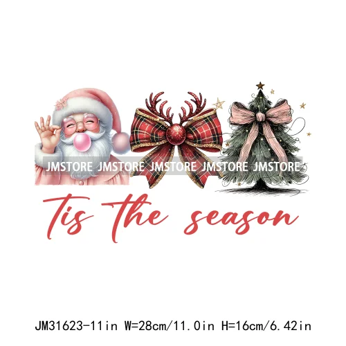 Tis The Season Blowing Bubble Santa Claus Coquette Bow Tree Christmas Iron On DTF Transfers Stickers Ready To Press For Hoodies