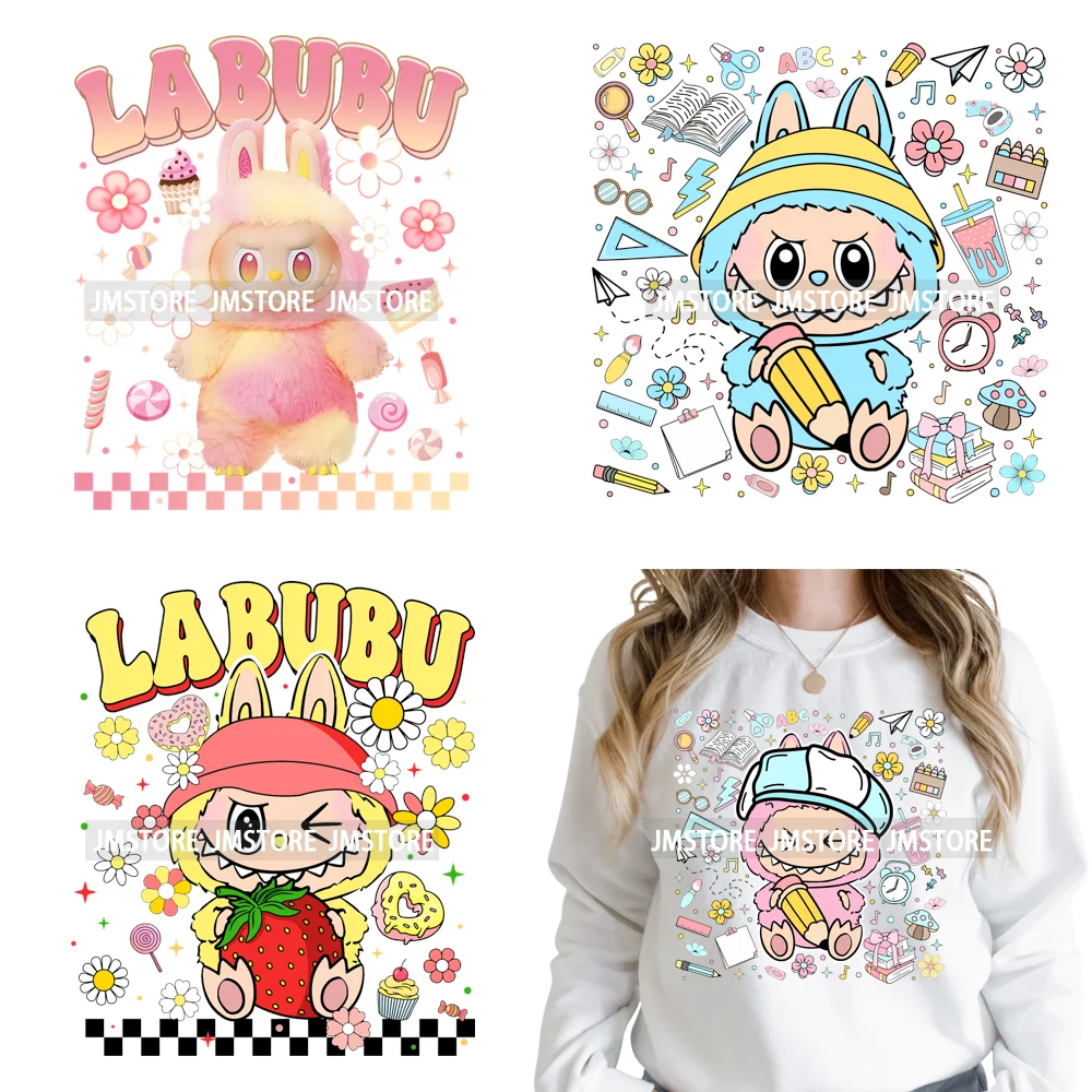 Floral Cute Checkered Cartoon Monster Character Iron on DTF Washable Transfers Stickers Designs Ready to Press for Textile Bags