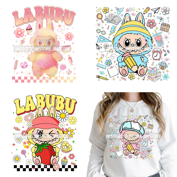 Floral Cute Checkered Cartoon Monster Character Iron on DTF Washable Transfers Stickers Designs Ready to Press for Textile Bags