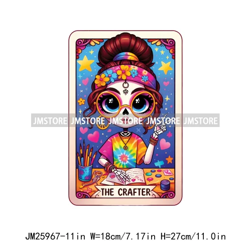 Funny Crafter Girl Skeleton Marathoner Overthinker Mom Queen Tarot Card DTF Iron On Transfer Stickers Ready To Press For Clothes