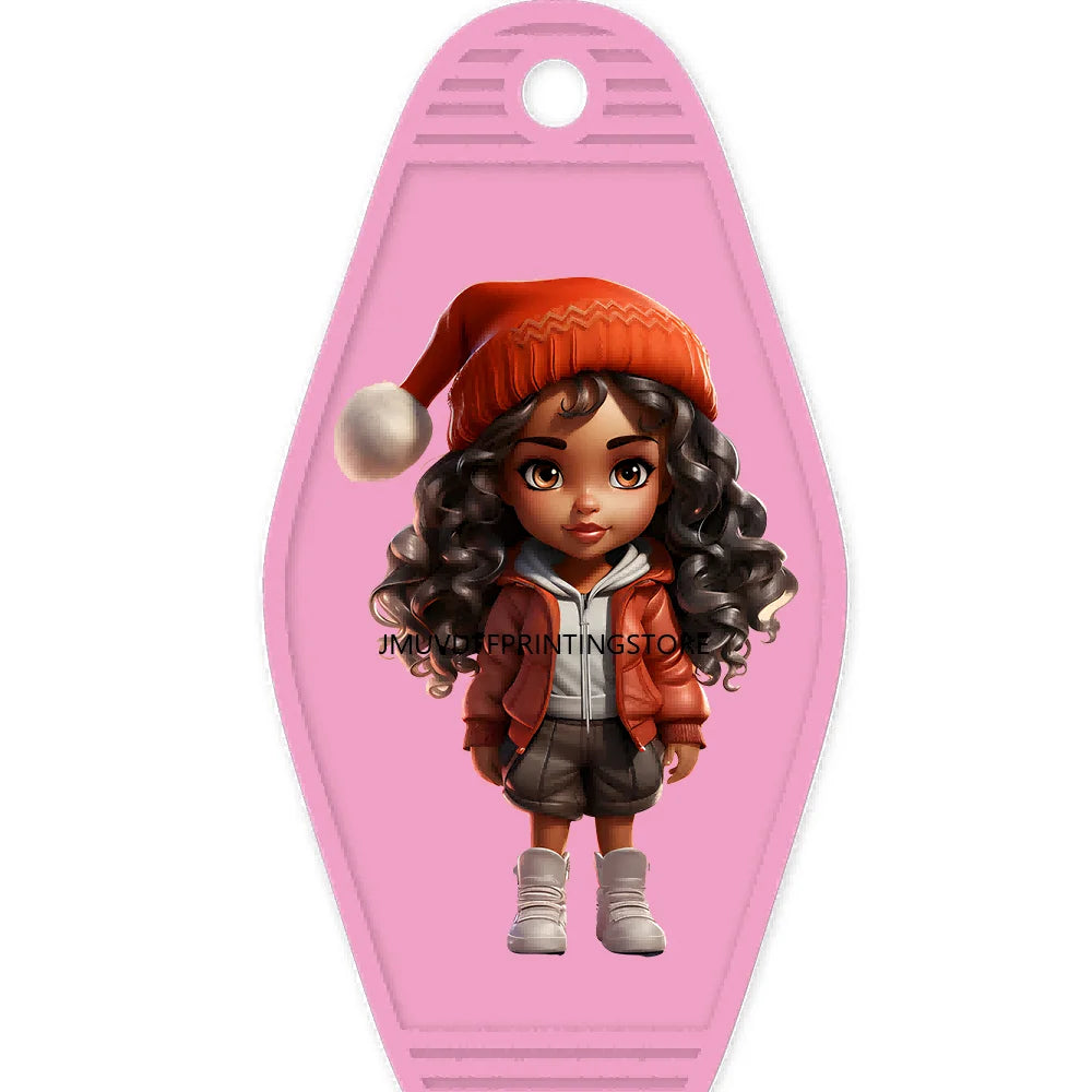 Merry Christmas Little Girls With Santa Hat High Quality WaterProof UV DTF Sticker For Motel Hotel Keychain