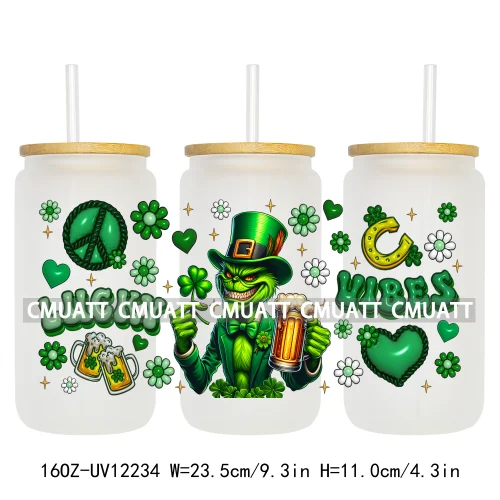 Cartoon Princess Girls St Patricks' Day Lucky Vibes 16OZ UV DTF Cup Transfer Wrap Sticker Waterproof Logos For Libbey Glass Can