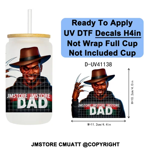 Black Horror Dad Halloween Spooky Daddy UV DTF Decals Ready To Apply Waterproof Transfer Stickers For 16OZ Libbey Glass Can Cups