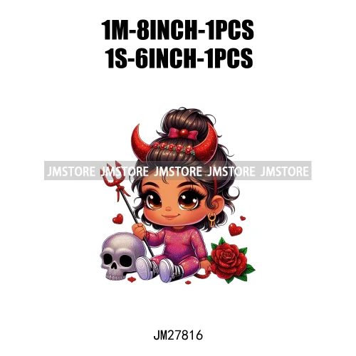 Chibi Cute Halloween Devil Latina Baby Hispanic Girls Skull Red Rose DTF Iron On Transfer Stickers Ready To Press For Sweatshirt