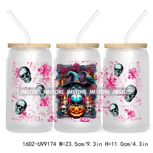 Cartoon Halloween Witch Skull Pumpkins UV DTF Sticker For 16OZ Libbey Glass Cup Can Wrap Transfer Stickers Custom Label DIY Logo