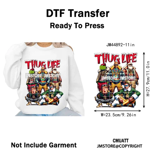 Winter Christmas Cartoon Holiday Characters Thug Life Green Iron on Washable DTF Transfers Stickers Ready to Press for Textiles