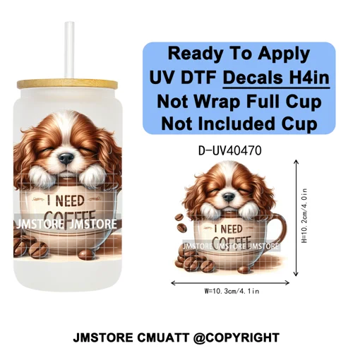 Puppy Coffee Dog Cartoon Pet Lover UV DTF Decals Ready To Apply Waterproof Transfer Stickers For 16OZ Libbey Glass Can Tumbler