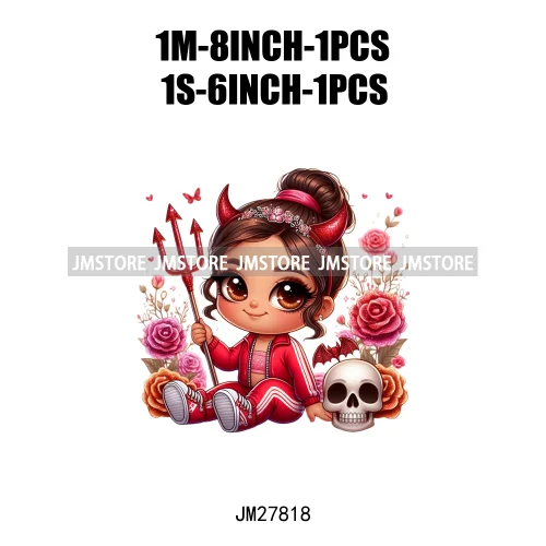 Chibi Cute Halloween Devil Latina Baby Hispanic Girls Skull Red Rose DTF Iron On Transfer Stickers Ready To Press For Sweatshirt