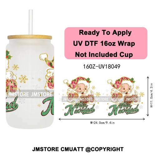 Feliz Navidad Christmas Mexican Food UV DTF Stickers Ready To Apply Cup Wrap High Quality Waterproof For 16OZ Libbey Can Glass