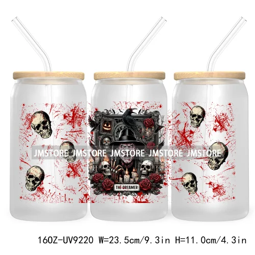 Horror Characters 16OZ UV Cup Wrap DTF Transfer Stickers For Libbey Glass Can Cups Tumbler Waterproof Labels Halloween Skull