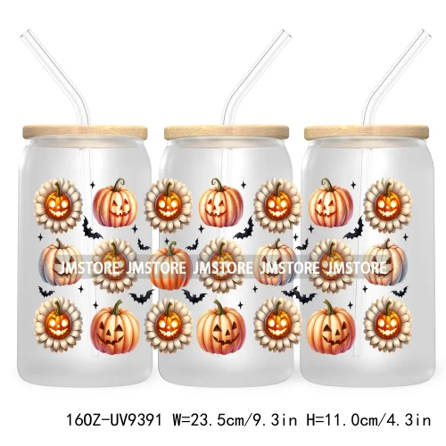 Coquette Pumpkin Autumn 16OZ UV DTF Cup Wrap Transfer Stickers Custom Waterproof Label For Libbey Glass Can Cute Ghost Halloween