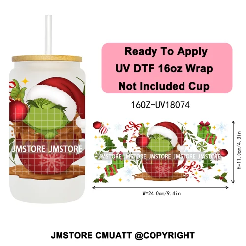 Christmas Cartoon Princess Merry Greenmas 16OZ UV DTF Cup Wraps Ready To Apply Waterproof Transfer Stickers For Libbey Glass Can