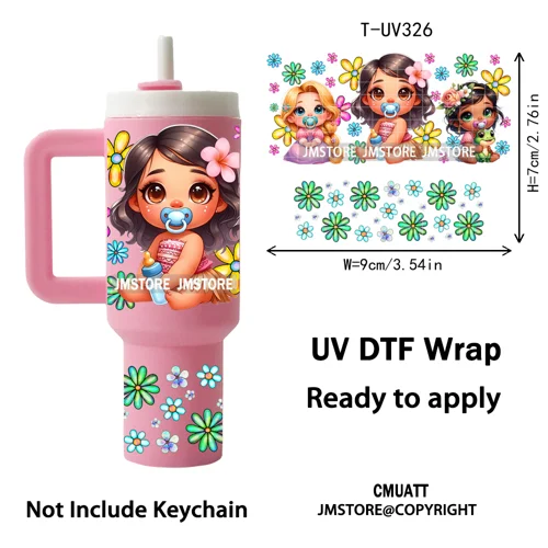 Watercolor Little Girl Cartoon Princess Flowers UV DTF Wraps Ready To Use Transfer Stickers Waterproof For Mini Tumbler Keychain