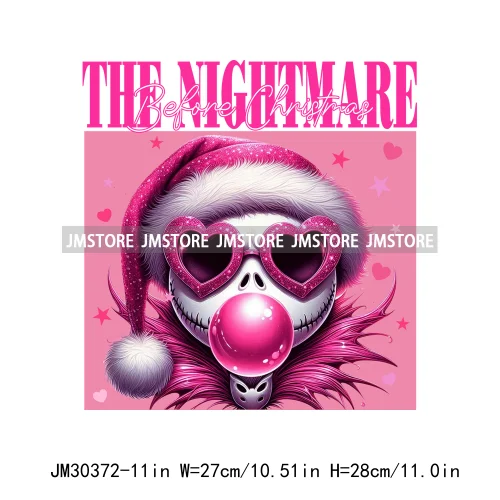 Horror Pink Christmas Bright Light Blowing Bubble Cartoon Character Iron On DTF Transfers Stickers Ready To Press For Hoodies