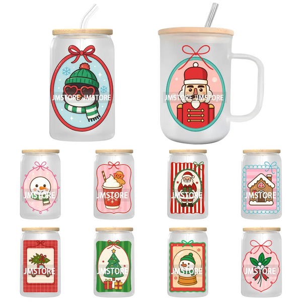 Preppy Christmas Stamps Xmas Card UV DTF Transfer Stickers Decals Ready To Apply Waterproof For 16OZ Libbey Glass Can Tumbler