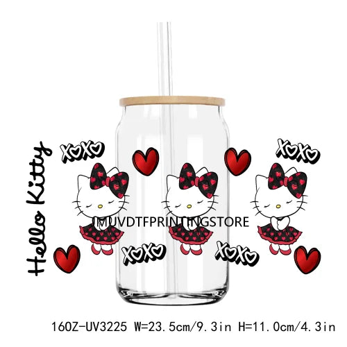 Cartoon Hello Girl Cat Valentine's Day UV DTF Sticker For 16OZ Libbey Glass Cup Can Wrap Transfer Sticker Custom Labels DIY Logo